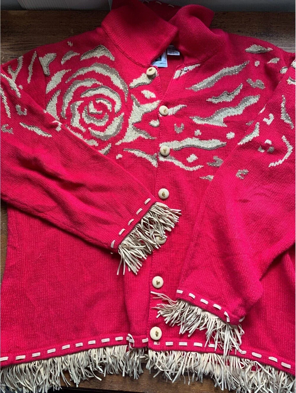 Vintage Storybook Knits Cardigan Sweater Women's 1X Red with Fringe - Picture 6 of 8